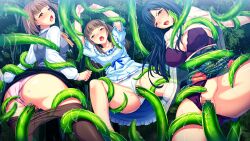 Rule 34 | 3girls, anus, aotonbo, arino yayoi, arms up, ass, blue hair, blush, bra, breasts, brown eyes, brown hair, censored, cleavage, clothes lift, clothes pull, clothing aside, forest, game cg, groin, large breasts, legs, long hair, monster, mosaic censoring, multiple girls, nature, nonokura ayumi, nonokura kayako, open mouth, original, outdoors, panties, panties aside, pantyhose, pantyhose pull, pussy, rape, restrained, shokusai no shima: island of the dead, short hair, skirt, skirt lift, small breasts, tentacles, thighs, tree, underwear