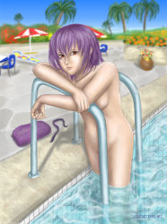 Rule 34 | 1girl, ayane (doa), bad anatomy, beach chair, beach umbrella, chair, day, dead or alive, dead or alive xtreme beach volleyball, flower, lips, liquidshade, looking at viewer, lounge chair, nude, nudist, outdoors, palm tree, parasol, partially submerged, pool, pool ladder, poolside, purple hair, red eyes, skinny dipping, solo, tecmo, tree, umbrella, watermark, web address, wet