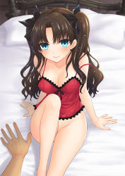 Rule 34 | 1boy, 1girl, arm support, barefoot, bed, bedroom, blue eyes, blush, bottomless, breasts, brown hair, camisole, cleavage, collarbone, fate/stay night, fate (series), hair ribbon, large breasts, long hair, looking at viewer, ozaki mirai, pillow, pov, red camisole, ribbon, sitting, smile, strap slip, tohsaka rin, twintails