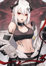 Rule 34 | 1girl, arknights, banned artist, bare shoulders, black gloves, breasts, cleavage, collarbone, commentary request, crop top, gloves, hair between eyes, hammer, hand on own hip, holding, holding hammer, holding weapon, horns, kyoeiki, large breasts, long hair, looking at viewer, material growth, midriff, mudrock (arknights), navel, off shoulder, open mouth, oripathy lesion (arknights), partial commentary, pointy ears, red eyes, sarashi, silver hair, solo, sports bra, stomach, upper body, weapon