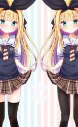 Rule 34 | 1girl, baram, black pantyhose, black ribbon, blonde hair, blush, brown skirt, closed mouth, collared shirt, commentary request, diagonal-striped clothes, diagonal-striped neckwear, feet out of frame, green eyes, hair ribbon, highres, long hair, mononobe alice, multicolored hair, multiple views, nijisanji, pantyhose, plaid, plaid skirt, pleated skirt, puffy short sleeves, puffy sleeves, purple hair, ribbon, shirt, short sleeves, skirt, skirt hold, smile, split mouth, standing, striped background, striped clothes, striped neckwear, sweater vest, thighhighs, translation request, two-tone hair, vertical stripes, very long hair, virtual youtuber, white shirt