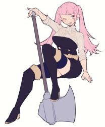 Rule 34 | 1girl, ascot, axe, belt, black footwear, blush, boots, commentary, do m kaeru, female focus, fire emblem, fire emblem: three houses, garreg mach monastery uniform, hilda valentine goneril, holding, holding axe, holding weapon, invisible chair, long hair, looking at viewer, lower teeth only, matching hair/eyes, nintendo, one eye closed, open mouth, pink eyes, pink hair, simple background, sitting, sleeves rolled up, smile, solo, teeth, twintails, uniform, weapon, white ascot, white background, wink, yellow belt