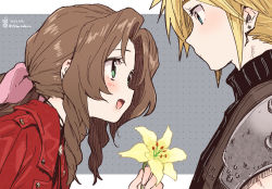 Rule 34 | 1boy, 1girl, aerith gainsborough, aqua eyes, armor, blonde hair, blush, braid, braided ponytail, brown hair, chiba sadoru, choker, cloud strife, earrings, final fantasy, final fantasy vii, final fantasy vii remake, flower, green eyes, grey background, hair ribbon, holding, holding flower, jacket, jewelry, leaning forward, letterboxed, loveless avenue, open mouth, parted bangs, red jacket, ribbon, shoulder armor, sidelocks, single earring, sleeveless, sleeveless turtleneck, smile, spiked hair, square enix, suspenders, turtleneck, upper body, wavy hair, yellow flower