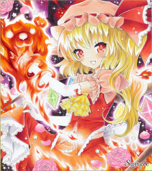 Rule 34 | 1girl, ayuayu (chisuke ayu), bad id, bad pixiv id, blonde hair, blush, burning, clothes lift, elbow gloves, fang, female focus, fire, flandre scarlet, flower, gloves, hat, lace, looking at viewer, marker (medium), open mouth, petals, pink flower, pink rose, red eyes, rose, sample watermark, side ponytail, skirt, skirt lift, smile, solo, sparkle, stuffed animal, stuffed toy, teddy bear, touhou, traditional media, watermark