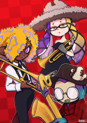 3girls absurdres artist_name black_dress black_hat black_necktie black_pants checkered_background collared_shirt dark-skinned_female dark_skin dress gloves grey_gloves grey_hat hat highres holding holding_instrument holding_saxophone holding_trombone holding_trumpet instrument kaeojay long_sleeves looking_at_viewer multiple_girls necktie nintendo orange_hair pants patterned_hair plaid_clothes plaid_shirt pointy_ears purple_eyes red_background red_shirt saxophone shirt splatoon_(series) splatoon_3 suspenders tao_blu tosh_(splatoon) trombone trumpet white_shirt yoko_(splatoon)