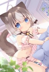 Rule 34 | 1girl, all fours, animal ears, bell, bloomers, blue eyes, brown hair, cat ears, cat girl, cat tail, choker, gradient hair, grey hair, highres, low twintails, miyasaka miyu, multicolored hair, neck bell, original, parted lips, tail, twintails, underwear