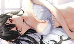 Rule 34 | 1girl, :d, absurdres, artist name, backlighting, bed sheet, black hair, blush, bra, breasts, cleavage, collarbone, commentary, hair between eyes, head rest, highres, lace, lace-trimmed bra, lace trim, large breasts, lingerie, long hair, looking at viewer, lying, navel, on side, open mouth, original, panties, red eyes, side-tie panties, smile, solo, stomach, sweat, symbol-only commentary, teeth, teltelhousi, underwear, watermark, white bra, white panties, window