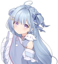 Rule 34 | 1girl, absurdres, ahoge, amaui, animal, animal on shoulder, basa rutan, blue bow, blue hair, blue kimono, blunt bangs, blush, bow, braid, closed mouth, commentary request, crescent, crescent hair ornament, crown braid, frilled kimono, frilled sleeves, frills, hair bow, hair intakes, hair ornament, highres, japanese clothes, kimono, long hair, long sleeves, looking at viewer, medium bangs, multicolored hair, nanashi inc., neck ribbon, pink ribbon, purple eyes, rabbit, ribbon, side braid, simple background, sleeves past fingers, sleeves past wrists, smile, solo, transparent background, two-tone hair, upper body, virtual youtuber, white bow, white hair, wide sleeves