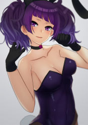 Rule 34 | 1girl, :d, akai kagerou, animal ears, bare shoulders, black gloves, black pantyhose, blunt bangs, blush, breasts, choker, cleavage, collarbone, commentary request, covered navel, diagonal bangs, fake animal ears, fake tail, gloves, highres, idolmaster, idolmaster shiny colors, leotard, long hair, looking at viewer, medium breasts, open mouth, pantyhose, playboy bunny, purple eyes, purple hair, purple leotard, rabbit ears, rabbit tail, smile, solo, strapless, strapless leotard, tail, tanaka mamimi, twintails, upper body