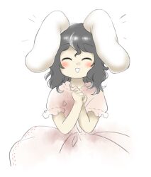 Rule 34 | 1girl, :d, ^ ^, animal ears, blush, closed eyes, dress, floppy ears, grey hair, hands up, inaba tewi, medium hair, nonamejd, official style, open mouth, own hands together, pink dress, rabbit ears, rabbit girl, short sleeves, simple background, smile, solo, touhou, white background, zun (style)