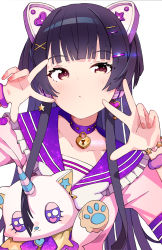 Rule 34 | 1girl, absurdres, animal ear headphones, animal ears, black hair, blush, bracelet, brown eyes, choker, closed mouth, commentary, double w, fake animal ears, frilled shirt collar, frills, hair ornament, hairclip, headphones, highres, idolmaster, idolmaster shiny colors, jewelry, lock, long hair, looking at viewer, mayuzumi fuyuko, morumoru x, pink shirt, sailor collar, shirt, solo, stuffed animal, stuffed toy, upper body, w, w over eye, white background, wristband, x hair ornament