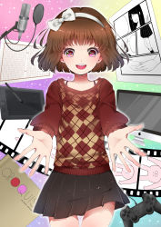 Rule 34 | 1girl, argyle, argyle clothes, argyle sweater, bad id, bad pixiv id, brown hair, controller, dualshock, film strip, game console, game controller, gamepad, hair ribbon, hairband, heart, heart-shaped pupils, highres, microphone, noda shuha, original, pink eyes, playstation 2, playstation 3, playstation controller, ribbon, short hair, sketchbook, skirt, smile, solo, stylus, sweater, symbol-shaped pupils, tablet pc