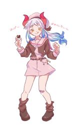Rule 34 | 0h my god, 1girl, aqua hair, bandaid, bandaid on face, blue hair, blush stickers, cardcaptor sakura, chocolate, commentary request, cosplay, food, full body, hat, highres, holding, holding chocolate, holding food, horns, kinomoto sakura, kinomoto sakura (cosplay), long sleeves, looking at viewer, multicolored hair, one piece, ponytail, red horns, sailor collar, school uniform, shorts, sidelocks, simple background, smile, solo, star-shaped pupils, star (symbol), symbol-shaped pupils, tomoeda elementary school uniform, tongue, tongue out, white background, white hair, white shorts, yamato (one piece), yellow eyes