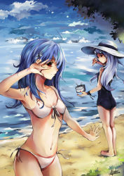 Rule 34 | 10s, 2girls, ahoge, altoris (scee), aqua hair, barefoot, beach, bikini, bili girl 22, bili girl 33, bilibili, blue hair, cloud, day, face, front-tie top, hair ornament, hat, kiraboshi (star driver), leaf, long hair, multiple girls, ocean, one-piece swimsuit, outdoors, outstretched hand, red eyes, school swimsuit, shore, side-tie bikini bottom, sky, star driver, straw hat, swimsuit, television, v, v over eye, water, white one-piece swimsuit