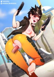Rule 34 | 1girl, ass, barefoot, breasts, breasts out, brown eyes, brown hair, clothed sex, day, disembodied penis, dual wielding, feet, gun, holding, jacket, leather, leather jacket, looking back, medium breasts, neocoill, nipples, one eye closed, open mouth, outdoors, overwatch, overwatch 1, pants, partially undressed, penis, sex, short hair, soles, solo focus, toeless legwear, toes, torn clothes, torn pants, tracer (overwatch), uncensored, weapon