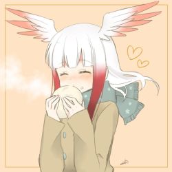 Rule 34 | 1girl, ^ ^, alternate costume, baozi, beige coat, blunt bangs, blush, closed eyes, coat, commentary request, eating, food, food on face, gradient hair, green scarf, head wings, heart, japanese crested ibis (kemono friends), kemono friends, long hair, long sleeves, multicolored hair, red hair, scarf, simple background, solo, upper body, uzuki machi, white hair, wings