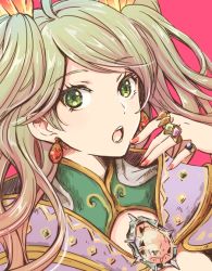 Rule 34 | 10s, 1girl, :o, ahoge, brooch, crystal, de la fille, earrings, gb hm, gem, granblue fantasy, green eyes, green hair, hair ornament, jewelry, long hair, matching hair/eyes, nail polish, open mouth, portrait, ring, solo, twintails