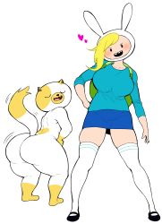 Rule 34 | 2girls, adventure time, animal hood, ass, ass shake, asymmetrical hair, backpack, bag, black eyes, blonde hair, blush, breasts, rabbit hood, cake (adventure time), cat, closed eyes, female focus, fionna the human girl, flat color, furry, furry female, hand on own hip, heart, highres, hood, large breasts, long hair, mary janes, multiple girls, open mouth, shoes, simple background, skirt, synecdoche, thighhighs, white background, white legwear, zettai ryouiki