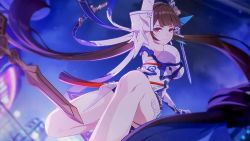 Rule 34 | 1girl, breasts, brown eyes, brown hair, china dress, chinese clothes, dress, fingerless gloves, gloves, highres, holding, holding weapon, honkai (series), honkai impact 3rd, li sushang, li sushang (jade knight), long hair, looking at viewer, medium breasts, official art, smile, sword, third-party source, weapon, white gloves