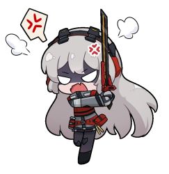 Rule 34 | 1girl, anger vein, angry, blush, body armor, bulletproof vest, charolic (girls&#039; frontline 2), chibi, commission, commissioner upload, full body, girls&#039; frontline 2: exilium, grey hair, hair between eyes, headphones, holding, holding sword, holding weapon, kurotofu, load bearing equipment, load bearing vest, long hair, long sleeves, open mouth, pouch, running, solo, sword, tactical clothes, transparent background, weapon