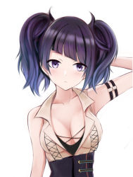 Rule 34 | 1girl, arm behind head, arm up, armband, armpits, bare arms, bare shoulders, blush, breasts, cleavage, closed mouth, collarbone, diagonal bangs, idolmaster, idolmaster shiny colors, long hair, looking at viewer, medium breasts, nannacy7, purple eyes, purple hair, shirt, simple background, sleeveless, sleeveless shirt, solo, tanaka mamimi, twintails, underbust, upper body, white background, wing collar