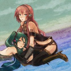 Rule 34 | backless, backless outfit, backless shirt, bad id, bad pixiv id, boots, detached sleeves, green hair, hatsune miku, kneeling, kno, kno (anahita), long hair, megurine luka, pink hair, thighhighs, twintails, vocaloid