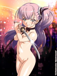 Rule 34 | 1girl, katana, nude, smile, sword, toji no miko, tsubakuro yume, weapon