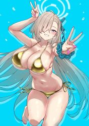 Rule 34 | 1girl, asuna (blue archive), bikini, blonde hair, blue archive, blue background, blue eyes, blue ribbon, blue scrunchie, blush, breasts, cleavage, collarbone, double v, gold bikini, grin, hair over one eye, hair ribbon, halo, highres, large breasts, long hair, looking at viewer, mole, mole on breast, navel, pink nails, rapapa, ribbon, scrunchie, side-tie bikini bottom, smile, solo, stomach, swimsuit, thighs, v, very long hair