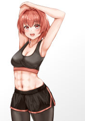 Rule 34 | 1girl, abs, armpits, bare arms, bare shoulders, black shorts, blush, breasts, cleavage, dolphin shorts, highres, kantai collection, kinu (kancolle), koru pera, pantyhose under shorts, medium breasts, midriff, navel, open mouth, pantyhose, red eyes, red hair, short hair, shorts, smile, solo, sports bra, sportswear, stretching, toned
