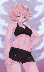Rule 34 | 10s, abs, ashido mina, bad id, bad pixiv id, black sclera, boku no hero academia, breasts, colored sclera, colored skin, cowboy shot, hand on own hip, highres, looking at viewer, pink hair, pink skin, short shorts, shorts, small breasts, solo, splayter, sports bra, standing, stomach, sweat, toned