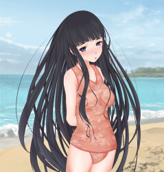 Rule 34 | 1girl, arms behind back, bare shoulders, beach, blue eyes, blue sky, breasts, casual one-piece swimsuit, cloud, cloudy sky, commentary request, day, feet out of frame, floral print, hime cut, himegami aisa, light blush, long hair, looking at viewer, medium breasts, ocean, one-piece swimsuit, orange one-piece swimsuit, outdoors, parted lips, sand, shin (highest1192), sky, solo, standing, swimsuit, toaru majutsu no index, very long hair, water, waves