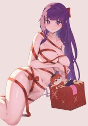 Rule 34 | 1girl, absurdres, areola slip, bow, box, breasts, bright pupils, christmas, closed mouth, collarbone, commentary request, fern (sousou no frieren), gift, gift box, hair bow, highres, large breasts, leaning to the side, lhoting, long hair, looking at viewer, naked ribbon, navel, purple eyes, purple hair, red bow, red ribbon, ribbon, simple background, smile, solo, sousou no frieren, straight hair