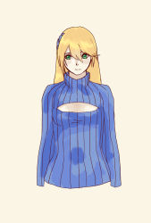 Rule 34 | 1girl, bad id, bad pixiv id, blazblue, blonde hair, blush, breasts, cleavage cutout, clothing cutout, flat chest, green eyes, hair down, hairpods, highres, long hair, looking away, meme attire, no legs, noel vermillion, open-chest sweater, ribbed sweater, sara souju (warabi mochi), small breasts, solo, sweater, turtleneck