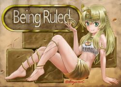 Rule 34 | 10s, 1girl, abazu-red, anklet, arm support, armlet, barefoot, barefoot sandals (jewelry), blonde hair, carpaccio (girls und panzer), chalice, circlet, cleavage cutout, clothing cutout, crop top, cup, cupping glass, egyptian, egyptian clothes, english text, feet, from side, full body, girls und panzer, green eyes, hair ornament, hairband, holding, holding cup, jewelry, knees up, legband, legs, long hair, looking at viewer, midriff, miniskirt, necklace, nose art, pencil skirt, shirt, sitting, skirt, smirk, snake, solo, sparkle, twitter username, uraeus, white shirt, yellow skirt