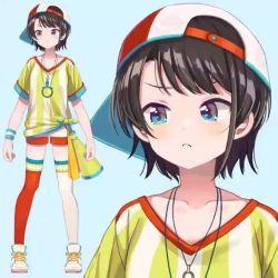Rule 34 | 1girl, animated, asymmetrical legwear, backwards hat, baseball cap, black hair, blouse, blue eyes, blush, brown hair, closed mouth, collarbone, cross-laced footwear, full body, hat, high tops, hololive, lanyard, live2d, looking at viewer, megaphone, mismatched legwear, multicolored shirt, official art, one eye closed, oozora subaru, oozora subaru (1st costume), red thighhighs, shigure ui, shirt, shoelaces, shoes, short hair, short shorts, short sleeves, shorts, sideways hat, single thighhigh, sneakers, solo, standing, stopwatch, striped clothes, striped shirt, thighhighs, thighs, tied shirt, tou ilie, uneven legwear, v-neck, vertical-striped clothes, vertical-striped shirt, video, virtual youtuber, watch, white footwear, white shorts, white thighhighs, wristband, yellow shirt, zoom layer