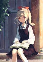 Rule 34 | 1girl, absurdres, artist name, bare legs, black dress, black ribbon, blonde hair, book, bow, brick wall, closed mouth, collared shirt, commission, cyan (sasukeone3), day, door, dress, expressionless, hair bow, highres, leaf, light particles, long hair, long sleeves, looking at viewer, neck ribbon, open book, orange bow, original, outdoors, ponytail, red eyes, ribbon, shirt, sidelocks, signature, sitting, skeb commission, socks, solo, stairs, stone stairs, sunlight, white shirt, white socks