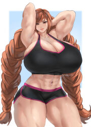 Rule 34 | 1girl, abs, arm behind head, black sports bra, blue background, breasts, brown eyes, brown hair, cleavage, curvy, drill hair, drill ponytail, eyelashes, female focus, head tilt, highres, huge breasts, lips, looking at viewer, muscular, muscular female, nastart, navel, original, shiny skin, shorts, skindentation, smile, solo, sports bra, standing, thick thighs, thighs, veins, veiny breasts, wide hips