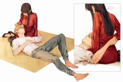 Rule 34 | 1boy, 1girl, barefoot, black footwear, black hair, black pants, blonde hair, blush, breasts, closed eyes, collared shirt, commentary, couple, ear blush, full body, hand in another&#039;s hair, hand on another&#039;s back, highres, husband and wife, knee up, lap pillow, long hair, long sleeves, looking at another, looking down, lying, maiii (smaii i), medium breasts, on back, pants, red shirt, shirt, short hair, sidelocks, sitting, sleeping, sleeves rolled up, spoken blush, spy x family, symbol-only commentary, twilight (spy x family), twitter username, white background, white shirt, yokozuwari, yor briar