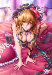 Rule 34 | 10s, 1girl, all fours, alternate costume, artist name, ass, bad id, bad pixiv id, bare shoulders, bed sheet, black ribbon, black skirt, blanket, breasts, cleavage, cushion, flower, granblue fantasy, hair flower, hair ornament, hair ribbon, hanging breasts, hibiscus, highres, large breasts, light particles, lips, long hair, looking at viewer, miniskirt, mirror, orange hair, panties, parted lips, ponytail, purple panties, reflection, ribbon, rioreo, sheath, sheathed, skirt, solo, sword, thighs, underwear, vira (granblue fantasy), weapon