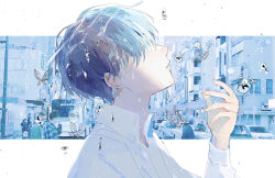 Rule 34 | 1boy, blue theme, bug, butterfly, cityscape, collared shirt, commentary request, hagimorijia, hair over eyes, halftone, hand up, highres, insect, light particles, long bangs, long sleeves, looking up, male focus, original, parted lips, photo background, photo inset, shade, shirt, short hair, solo, upper body, water drop, white shirt