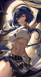 Rule 34 | 1girl, absurdres, arm up, armpits, bare shoulders, black hairband, black panties, blue hair, breasts, candace (genshin impact), chain, cowboy shot, crop top, dark-skinned female, dark skin, detached sleeves, egyptian clothes, eye of horus, from below, genshin impact, gold chain, hair intakes, hair ornament, hair over shoulder, hairband, heterochromia, highres, jewelry, lalazyt, looking at viewer, medium breasts, navel, neck ring, panties, shield, short hair with long locks, skirt, solo, stomach, thighs, twintails, underwear