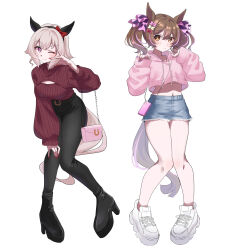 Rule 34 | 2girls, ;), absurdres, animal ears, ankle boots, bag, bare legs, belt buckle, black pants, blue shorts, blush, boots, bow, breasts, brown eyes, brown hair, buckle, casual, cleavage, cleavage cutout, closed mouth, clothing cutout, cropped hoodie, curren chan (umamusume), denim, denim shorts, ear covers, full body, grey hair, haibarasaika, hair bow, handbag, high heel boots, high heels, highres, hood, hoodie, horse ears, horse girl, horse tail, large breasts, leaning forward, long sleeves, looking at viewer, midriff, multicolored hair, multiple girls, nail polish, navel, one eye closed, pants, pink bow, pink hair, pink hoodie, purple eyes, red bow, red nails, red sweater, shoes, short hair, short shorts, shorts, simple background, sleeves past wrists, smart falcon (umamusume), smile, sneakers, standing, streaked hair, sweater, tail, two-tone hair, umamusume, v over eye, white background, white bow, white footwear