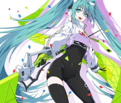 Rule 34 | 1girl, aqua eyes, aqua hair, black bodysuit, bodysuit, commentary request, covered navel, feet out of frame, flag, gloves, goodsmile racing, hair between eyes, hatsune miku, highres, hiyashinssu, holding, holding flag, long hair, looking at viewer, looking down, open mouth, partial commentary, race queen, racing miku, racing miku (2022), smile, solo, teeth, thighhighs, twintails, upper teeth only, very long hair, vocaloid, yellow gloves