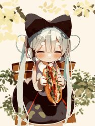 Rule 34 | 1girl, aqua hair, bare arms, bench, black bow, black dress, bow, cable, closed eyes, cowboy shot, dress, dripping, eating, food, full mouth, gloves, hair bow, happy, hatsune miku, headphones, highres, hikimayu, holding, holding food, light blush, long hair, magical mirai (vocaloid), magical mirai miku, magical mirai miku (2016), plant, sandwich, sitting, sleeveless, sleeveless dress, solo, sparkle, syare 0603, twintails, very long hair, vocaloid, white gloves
