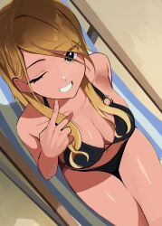 Rule 34 | 1girl, ;d, absurdres, alternate costume, bikini, black bikini, breasts, cleavage, collarbone, from above, garuku1120, grin, highres, idolmaster, idolmaster shiny colors, izumi mei, large breasts, looking at viewer, looking up, one eye closed, open mouth, outdoors, sitting, smile, solo, swimsuit, v