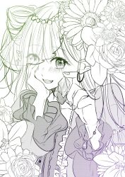 Rule 34 | 1girl, bracelet, bridal veil, center frills, commentary, dress, earrings, eyelashes, fingernails, flower, frilled dress, frills, gem, greyscale, hand on own cheek, hand on own face, hand up, highres, holding, holding gem, hoop earrings, inari misaki, jewelry, long sleeves, looking at viewer, monochrome, open mouth, original, pointy ears, rose, screentones, see-through, smile, solo, sunflower, teeth, upper body, upper teeth only, veil