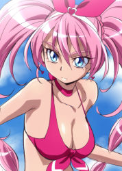 Rule 34 | 10s, 1girl, alternate costume, bikini, bikini top only, blue eyes, bow, breasts, cleavage, cloud, cure melody, day, eyelashes, front-tie top, hairband, houjou hibiki, long hair, medium breasts, oimanji, pink bow, pink hair, precure, red bikini, shiny skin, sky, solo, suite precure, swimsuit, twintails