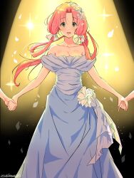 Rule 34 | 3girls, andanden, aria (manga), backlighting, bare shoulders, blue dress, blue flower, blush, bow, breasts, cleavage, collarbone, commentary request, dress, eyelashes, falling petals, feet out of frame, flower, green eyes, hair bow, hair flower, hair ornament, hair rings, highres, holding hands, long dress, long hair, looking at viewer, mizunashi akari, multiple girls, off-shoulder dress, off shoulder, official alternate costume, open mouth, out of frame, parted bangs, petals, short sleeves, signature, small breasts, sparkle, standing, white bow