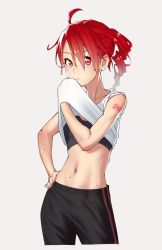 Rule 34 | 1girl, ahoge, bare shoulders, blush, character name, commentary, contrapposto, cowboy shot, drill hair, expressionless, hand on own hip, highres, holding, holding clothes, holding shirt, kasane teto, light blush, looking at viewer, midriff, navel, pants, red eyes, red hair, shirt, short hair, shoulder tattoo, simple background, solo, sports bra, stomach, sweat, tank top, tattoo, track pants, twin drills, utau, white tank top, wiping mouth, yasutange