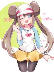 Rule 34 | 1girl, black pantyhose, blue eyes, blush, bow, brown hair, commentary request, creatures (company), double bun, game freak, hair bun, heart, long hair, looking at viewer, nig 18, nintendo, one eye closed, open mouth, pantyhose, pantyhose under shorts, pink bow, pokemon, pokemon bw2, raglan sleeves, rosa (pokemon), shirt, short shorts, shorts, smile, solo, teeth, translation request, twintails, upper teeth only, very long hair, visor cap, yellow shorts